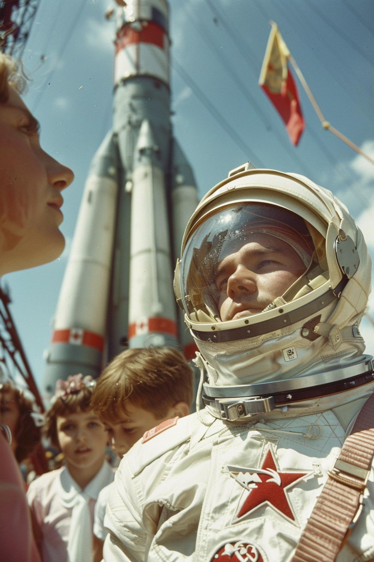 Close-up of a man in a white spacesuit with a red star on his helmet and a USSR flag on his sleeve, a woman and two children accompanying him on his flight, in the background a rocket ready for launch, banners, photos from the newsreel