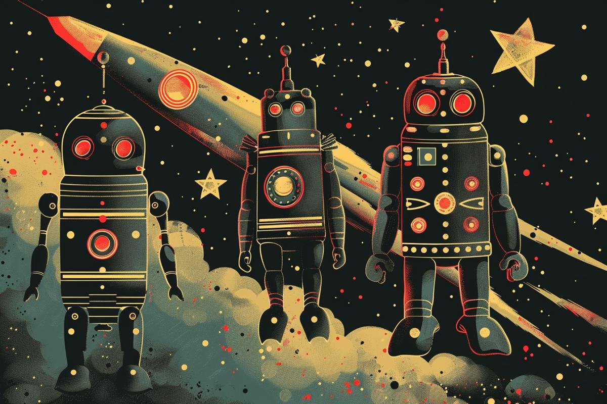 Soviet robots fly into space on a rocket, around a star, USSR style