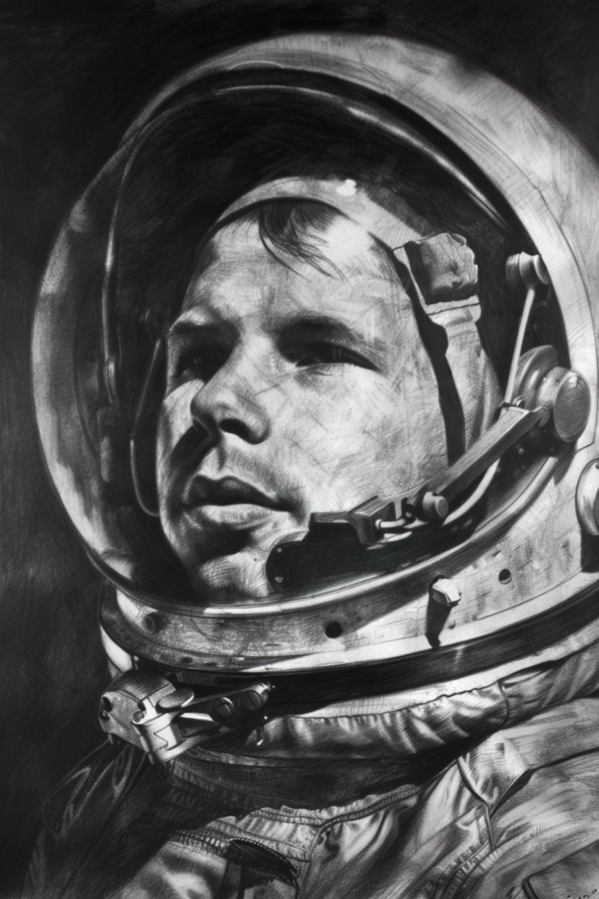 a charcoal drawing by Gwenny Griffiths, soviet cosmonaut Yurii Gagarin, chiaroscuro