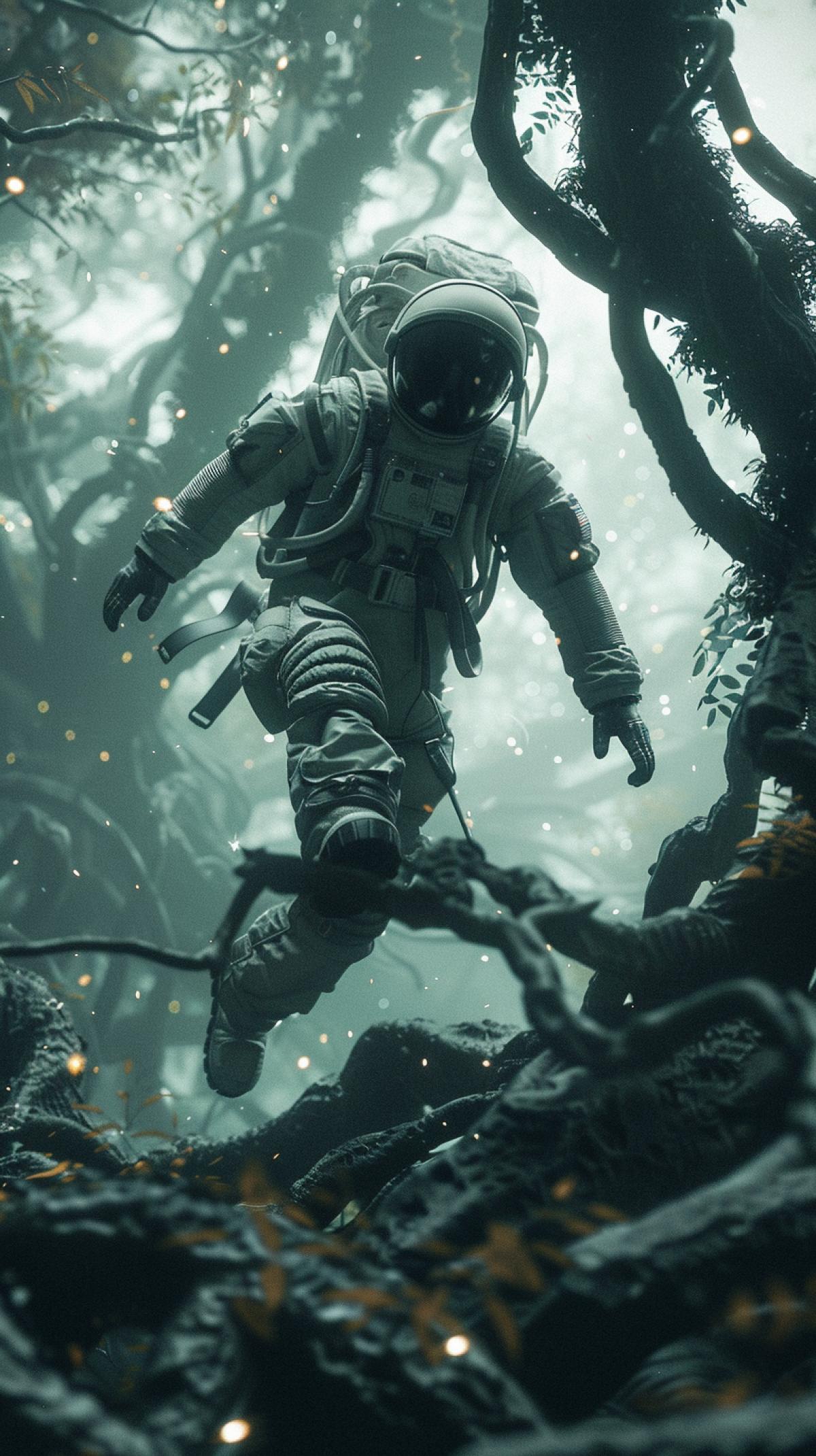 Cinematic film still of astronaut trapped by tree roots, full body shot, floating above ground, in a alien jungle with different man eating plants: fear about to die: close up: death stranding: infrared: wide angle, atmospheric fog, best quality, ultra detail, dynamic shot with anamorphic lens, bokeh, cinematic still, chill and thrilling shot upbeta v