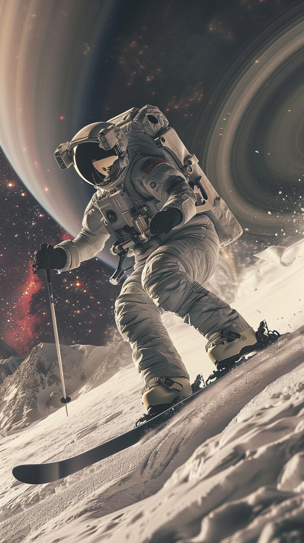 astronaut skiing on the rings of Saturn. style raw