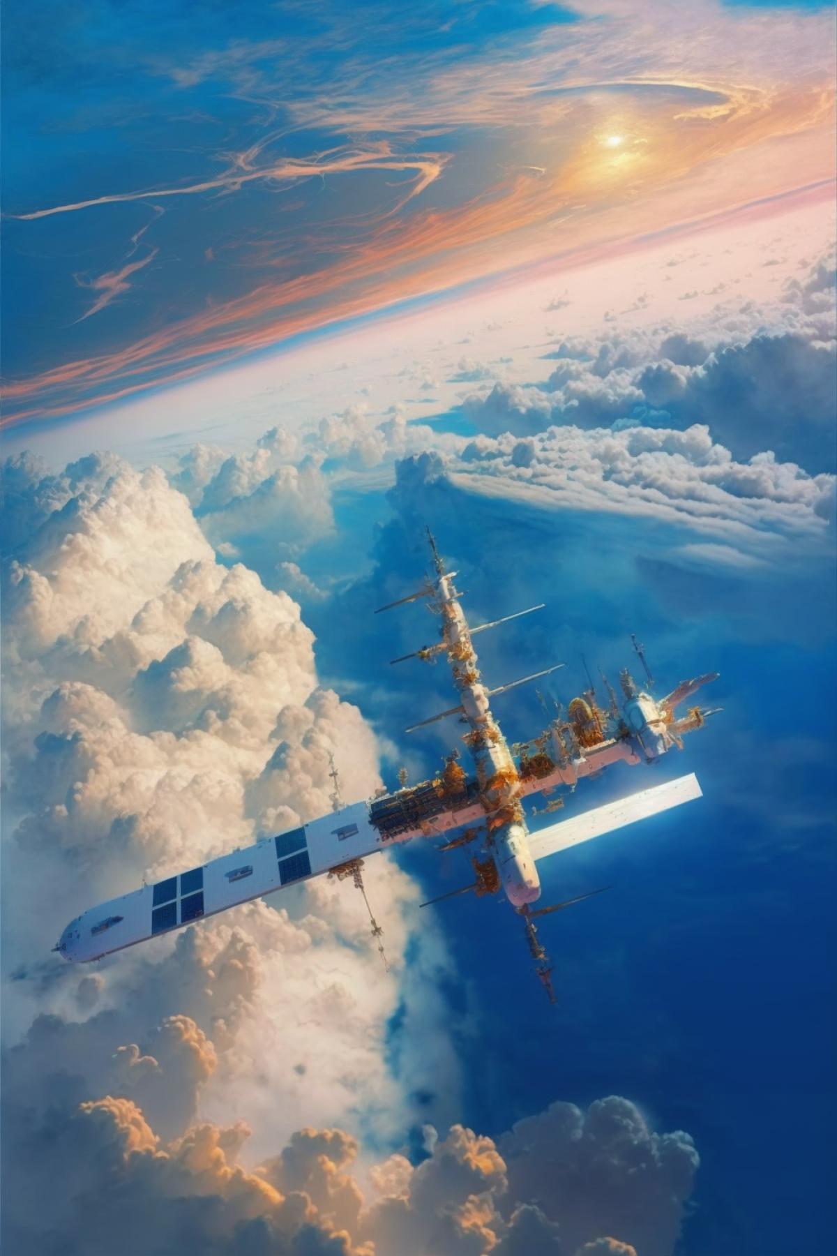 Space station on a distant planet, fantastic landscape, galactic sky, shiny domes and high spiers, colorful clouds, photo
