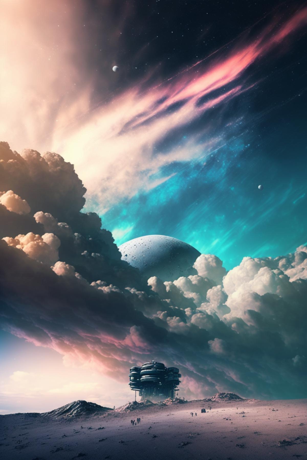 Space station on a distant planet, fantastic landscape, galactic sky, shiny domes and high spiers, colorful clouds, photo