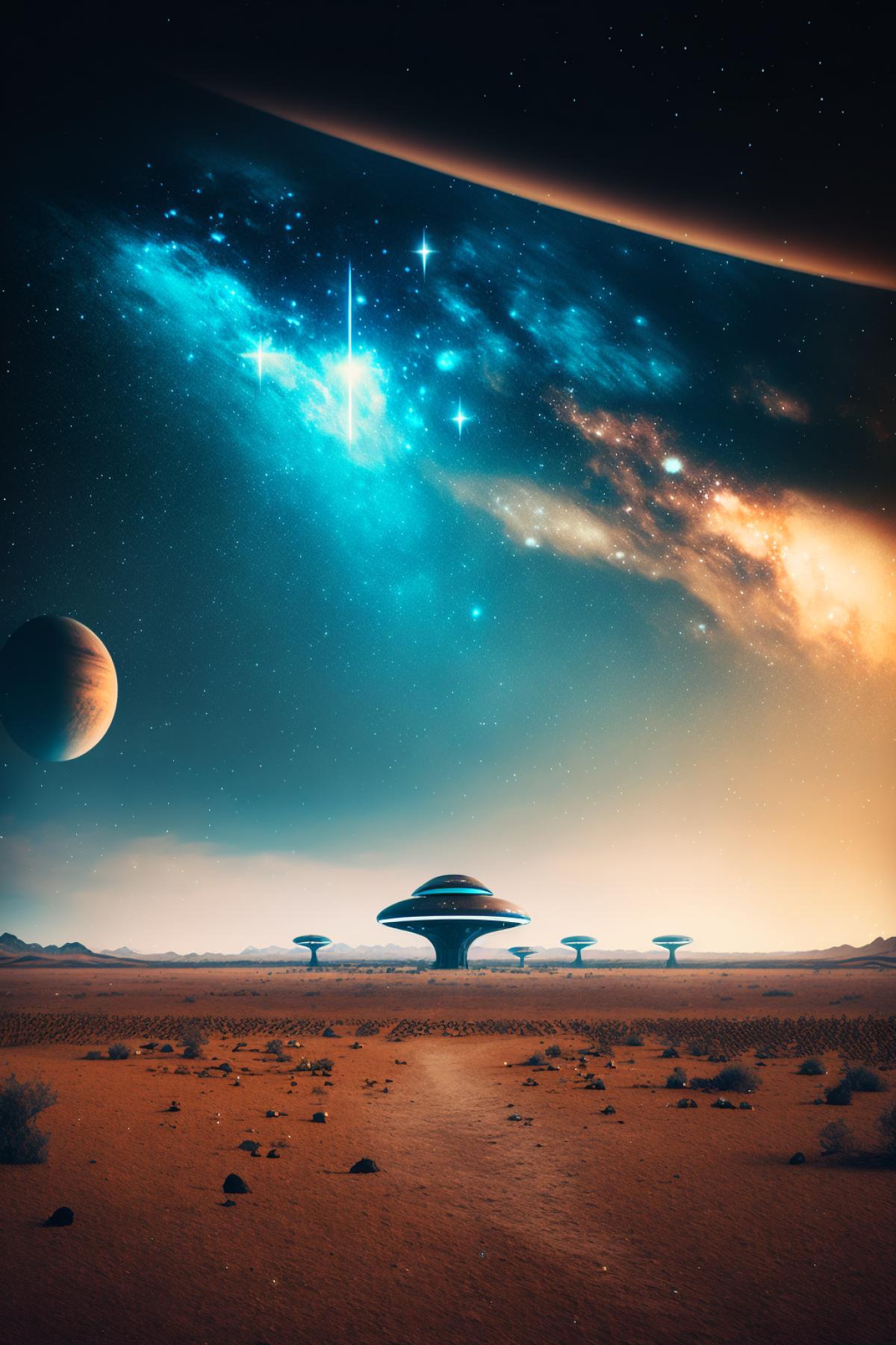 Space station on a distant planet, fantastic landscape, galactic sky, shiny domes and high spiers, colorful clouds, photo