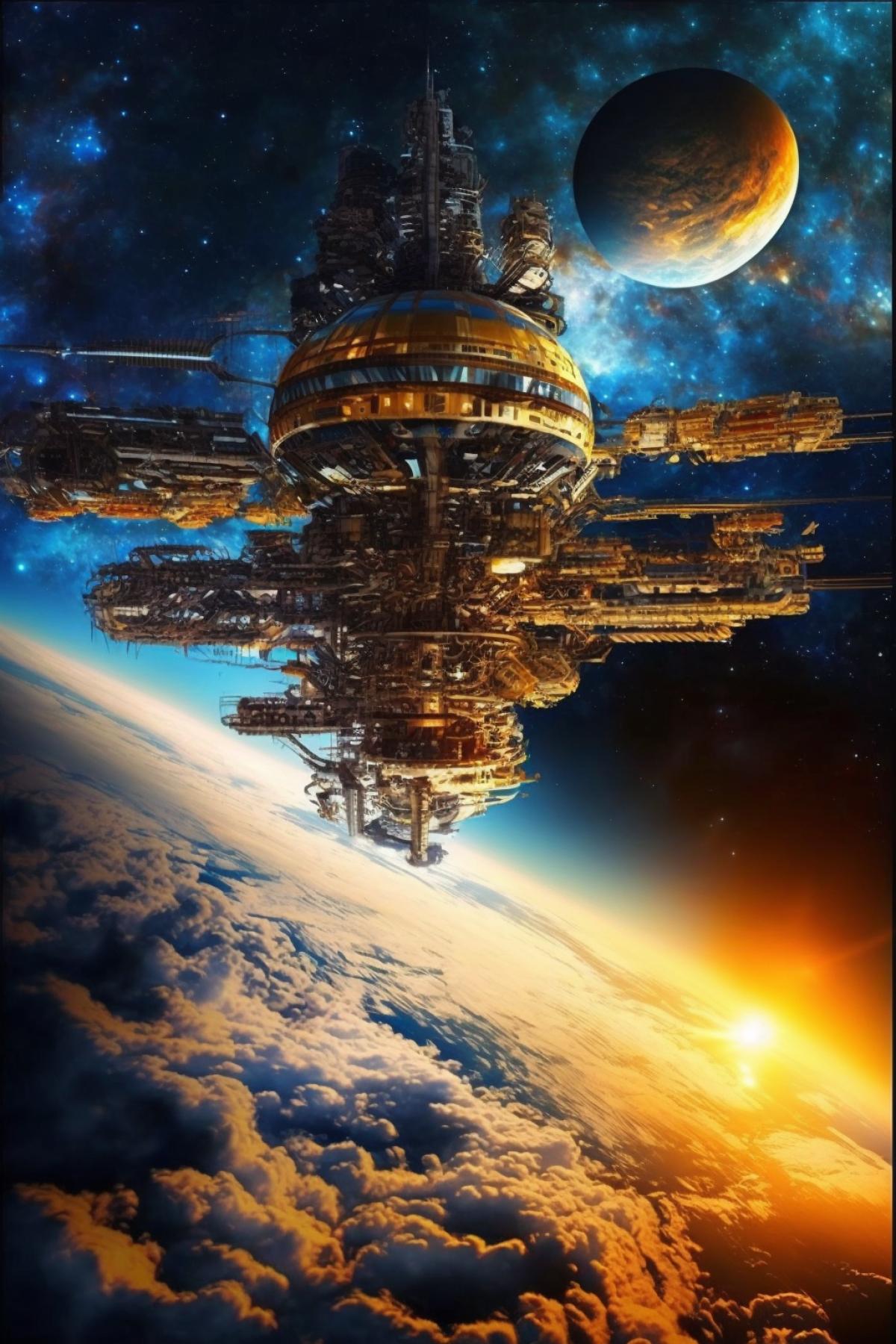 Space station on a distant planet, fantastic landscape, galactic sky, shiny domes and high spiers, colorful clouds, photo