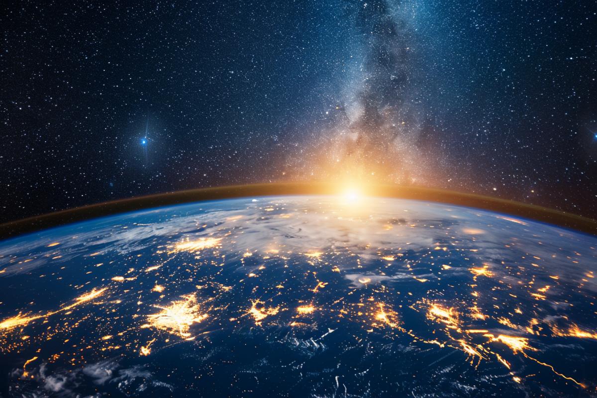 view of earth from space at night, in the style of urban energy, futurist claims, spot metering, stockphoto, tumblewave, light-filled scenes, humanistic empathy