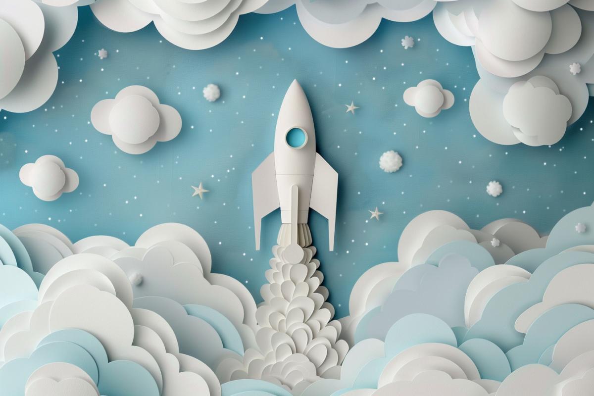 silver space rocket, light blue sky and white clouds made of paper, art paper cut, overlays style, in the style of ultrafine detail, high quality photo