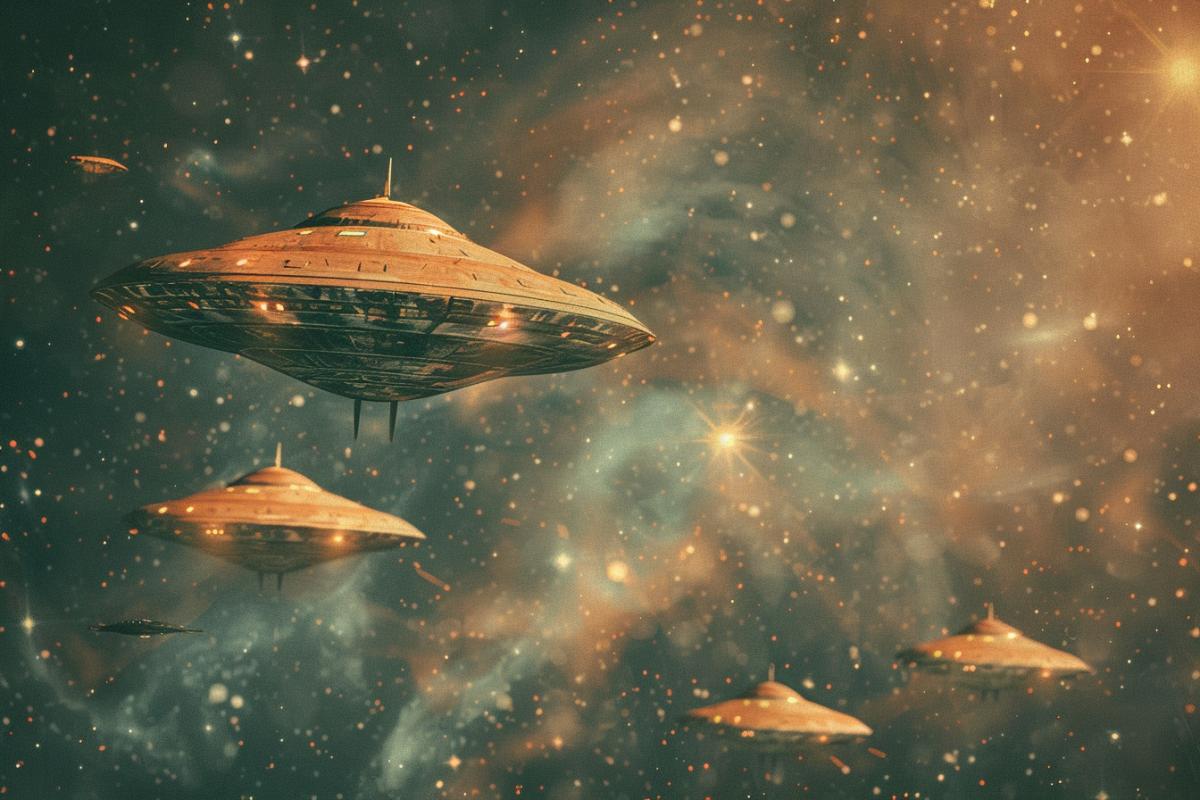 aliens and spaceships flying over a background, in the style of nostalgic illustration, photo taken with provia, cardboard, whimsical animation, persian miniature