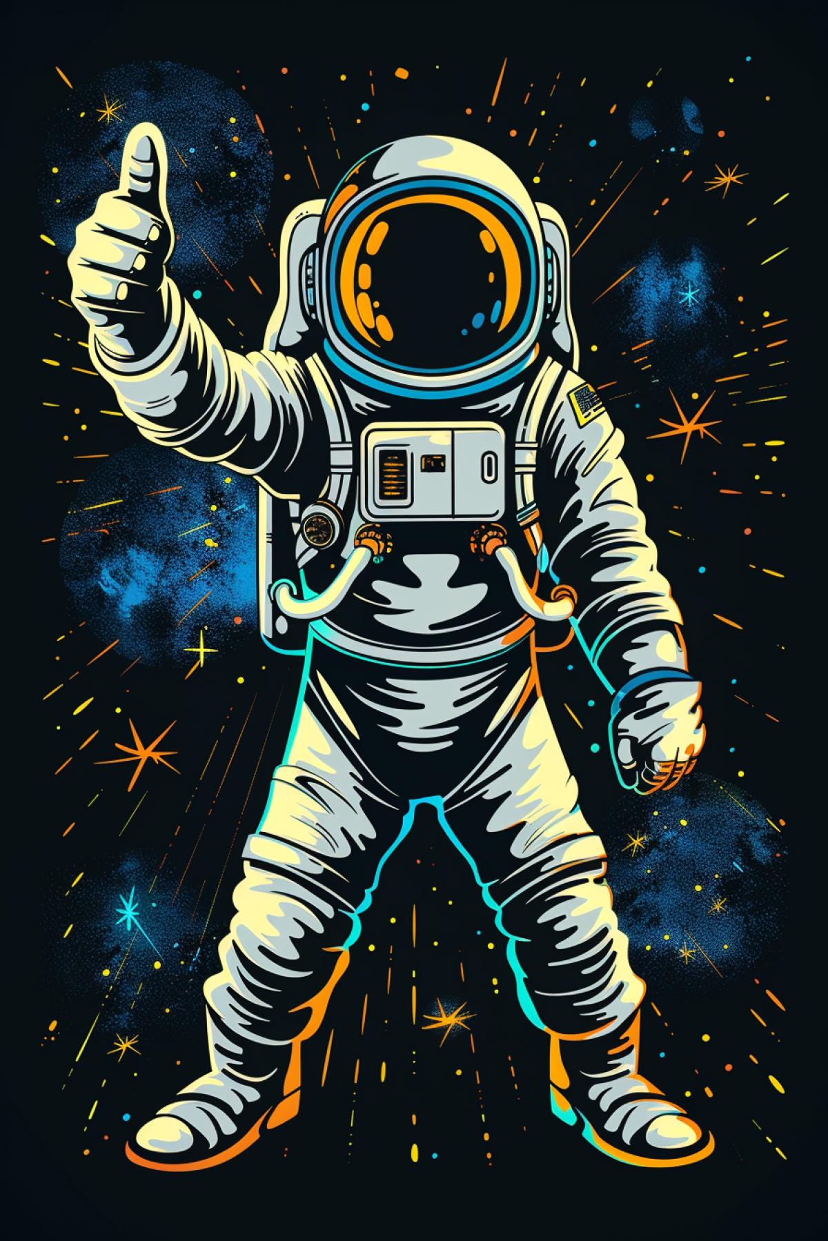 An cartoon astronaut giving a thumbs up, vector t-shirt design graphic, full body with legs isolated on dark background, detailed character illustrations, texture-rich canvases, strong lighting contrasts, playful characters in the style of pop art, clean and sharp focus, pop culture references, dynamic com4ks