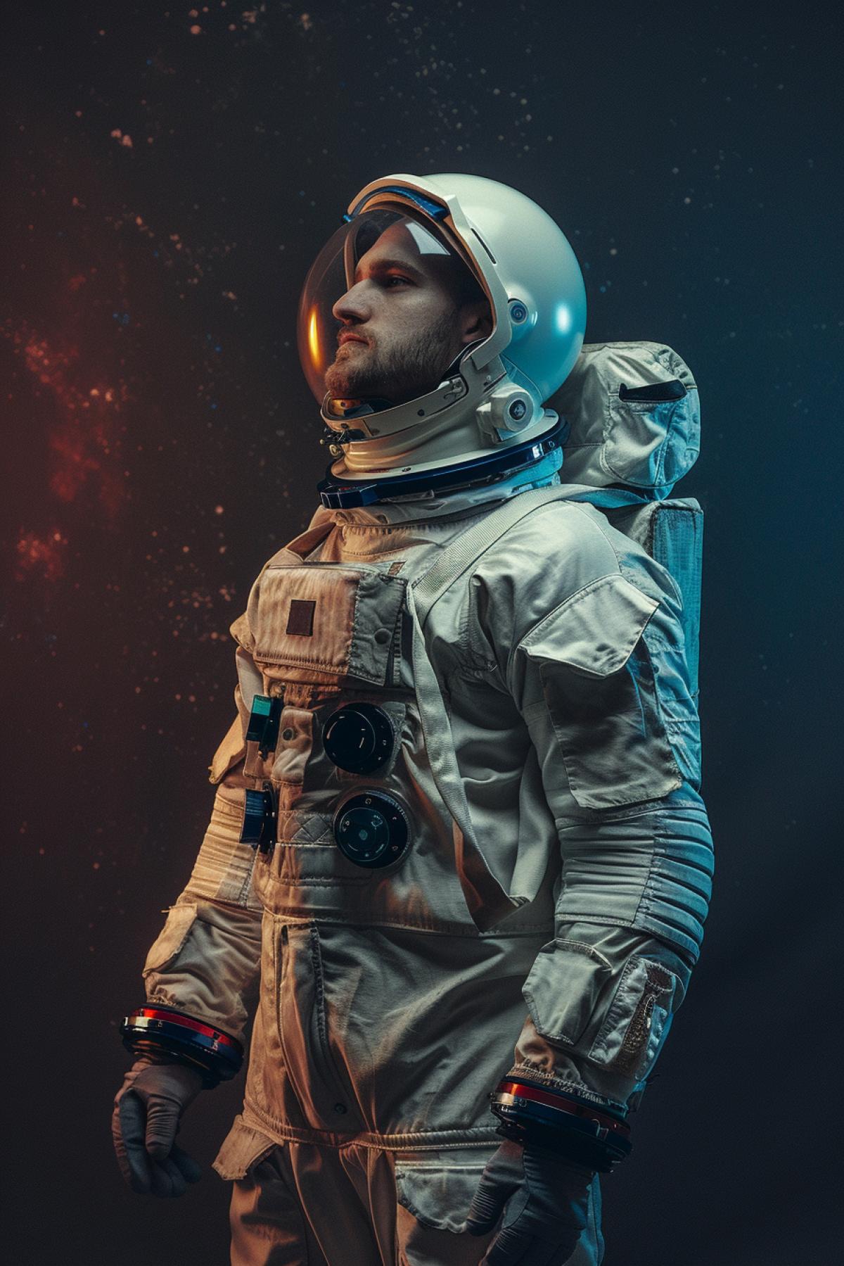 man in retro astronaut suit, without helmet, 4ks on photo set, side lighting, half body shot, high quality photo