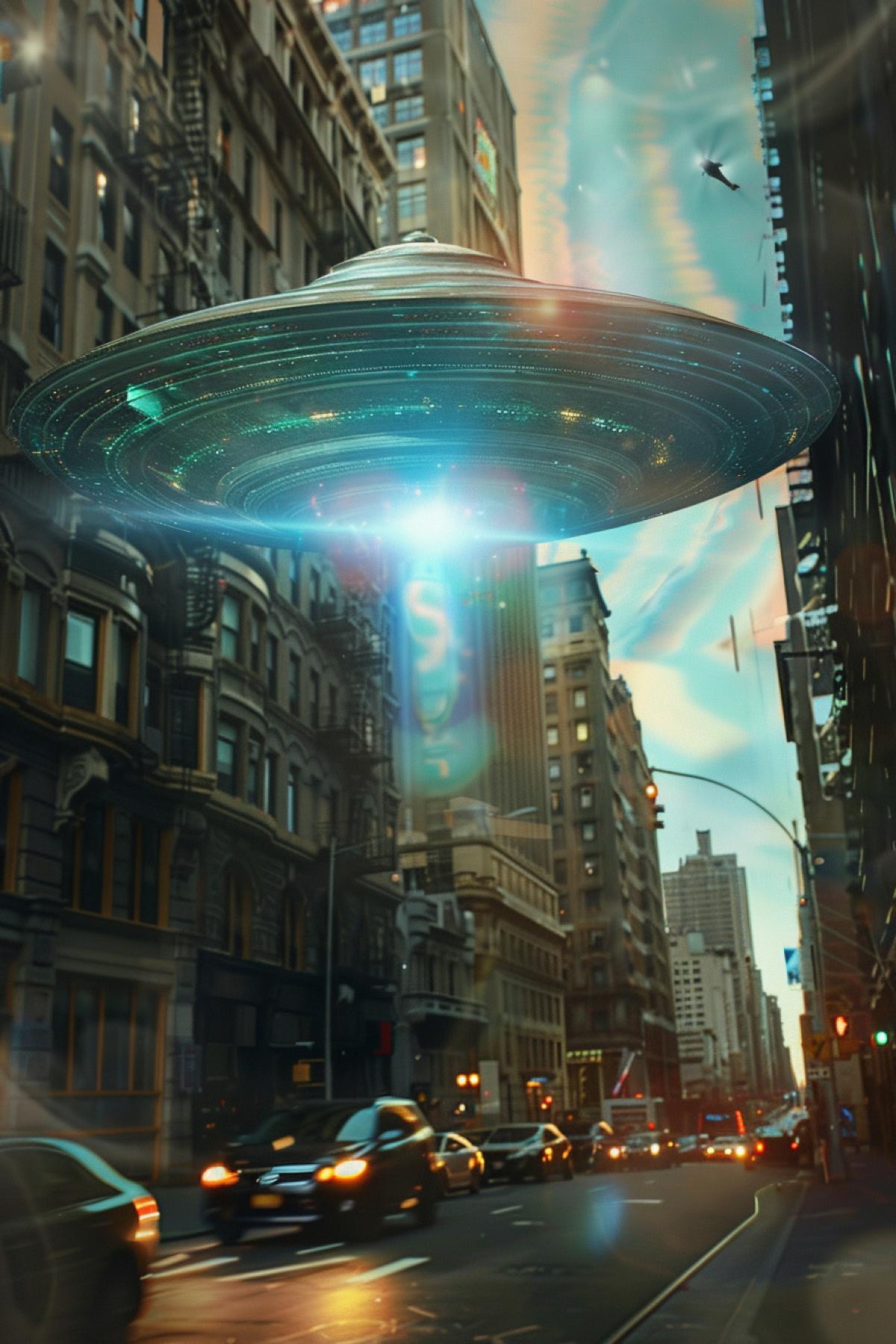alien spaceship flying over a buildings street, in the style of flowerpunk, soft and dreamy depictions, site-specific art, holographic, candid shots of famous figures, hatecore, swirling vortexes