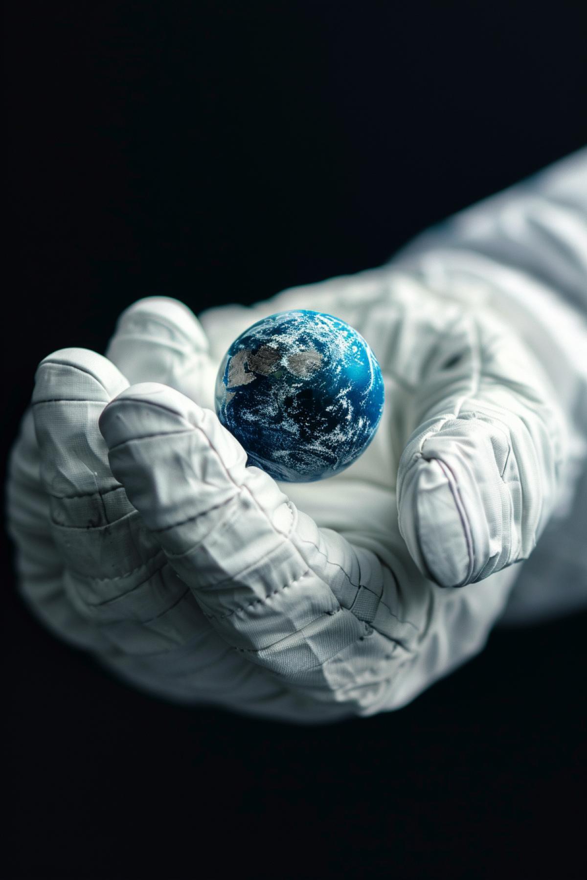 extreme close-up on astronaut white glove holding small earth between thumb and index finger. detailed space photography