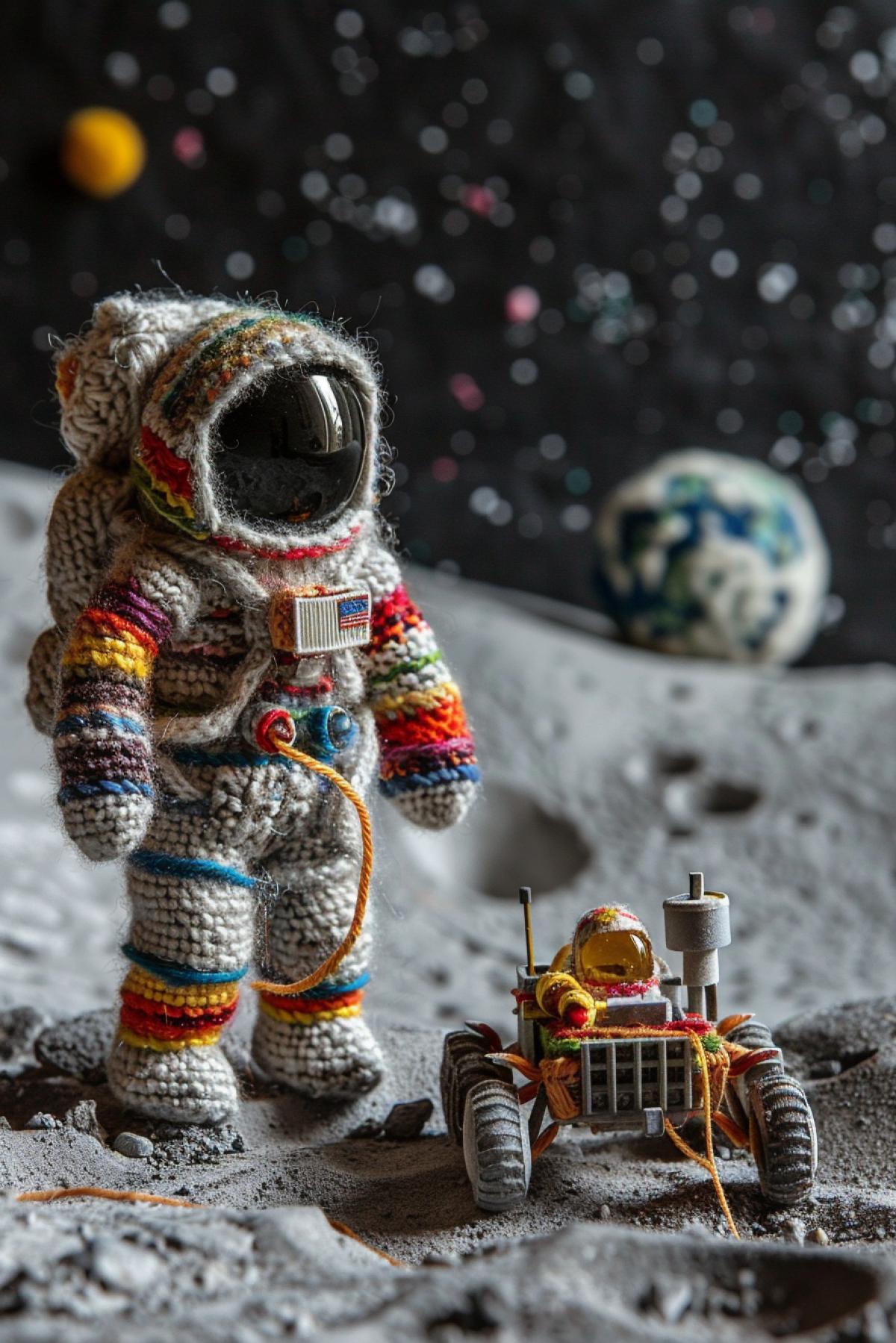 astronaut toys made of multi-colored wool on a moon knitted from gray wool, next to it stands a lunar rover knitted from wool