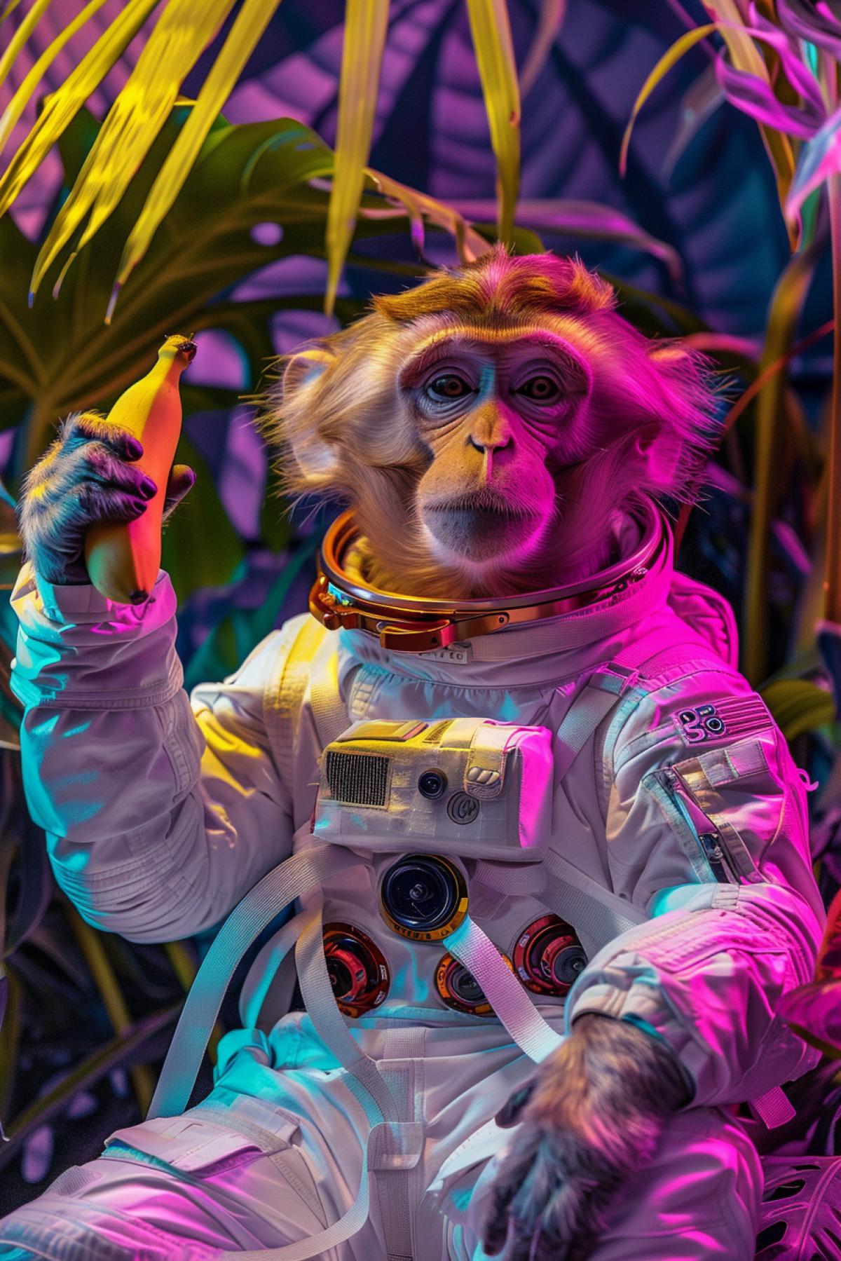 close set to a monkey wearing astronaut suit holding a banana in a studio, with background of colorful jungle purple in color the photo must be real