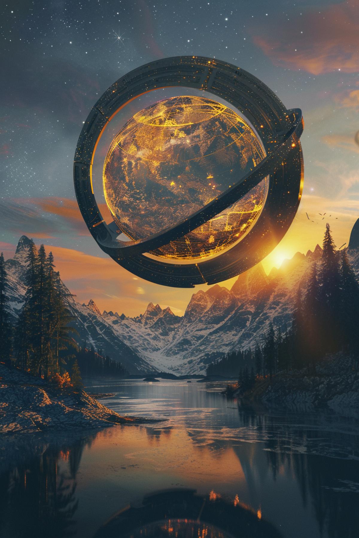 a massive spinning armillary sphere spaceship entering a gigantic astrolabe stargate, perched high up on mount everest, dusk sunset, reflective rivers, starry sky, dead trees, cinematic, soft lighting, golden hour