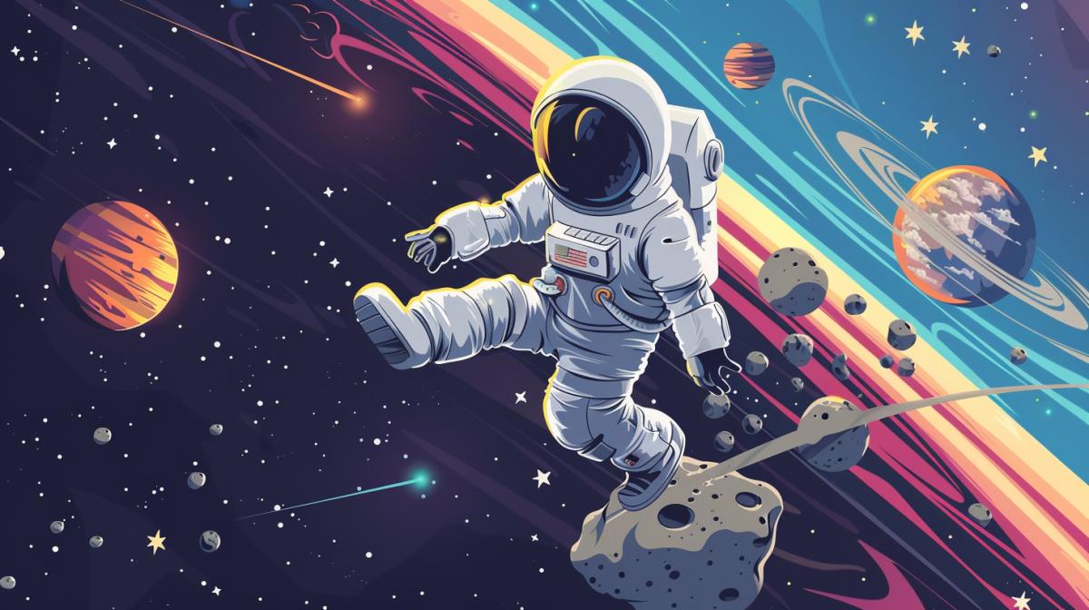 An astronaut riding a meteorite flying along a parade of planets