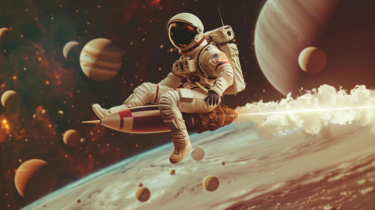 An astronaut riding a meteorite flying along a parade of planets