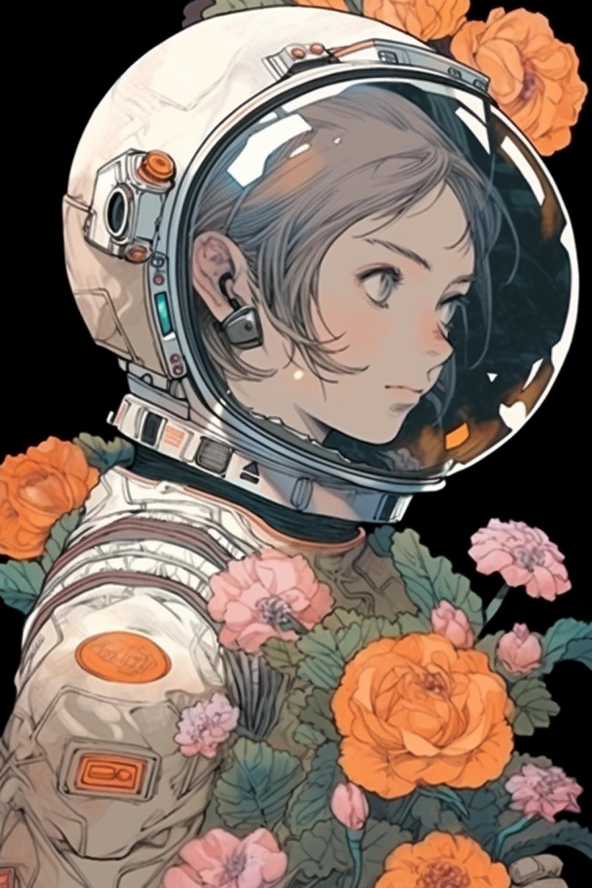 Young beautiful girl in a spacesuit, with flowers, portrait, graphic illustration in the style of Katsuya Terada
