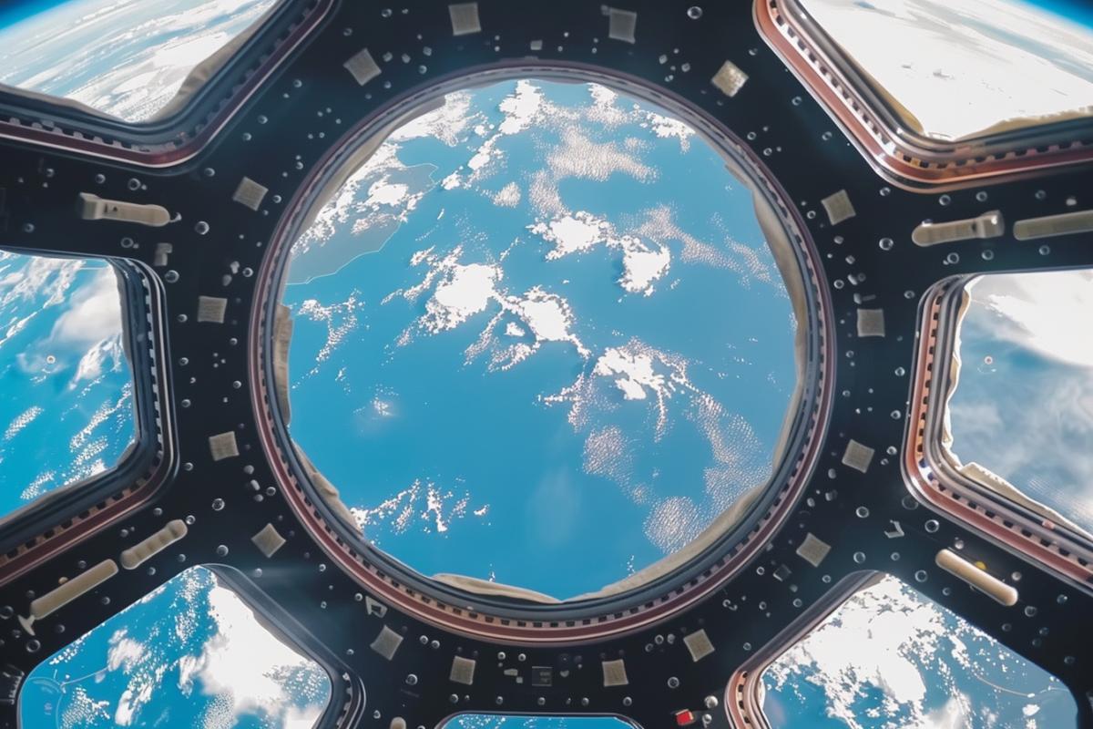 Planet Earth is visible in the porthole of the space station