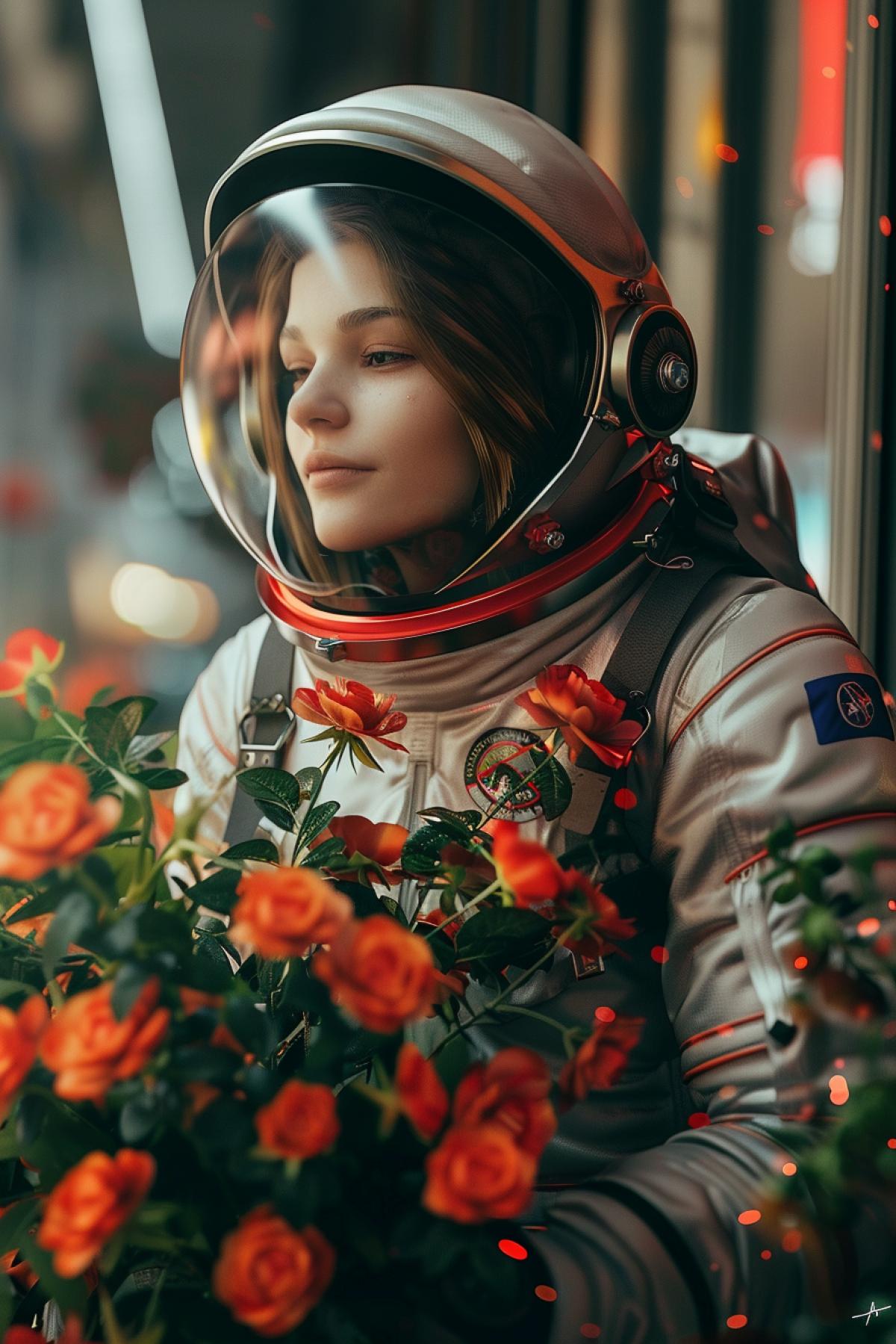 Young beautiful girl in a spacesuit, with flowers, portrait, alien landscape, digital art, --no of the USA flag
