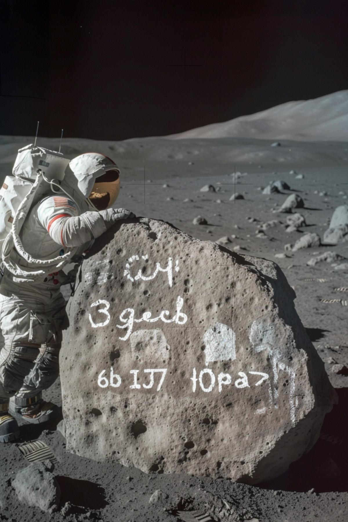American astronaut on the moon surface amazed reading inscription on the rock white paint: \"3gecb 6bIJI\"\"IOpa\"