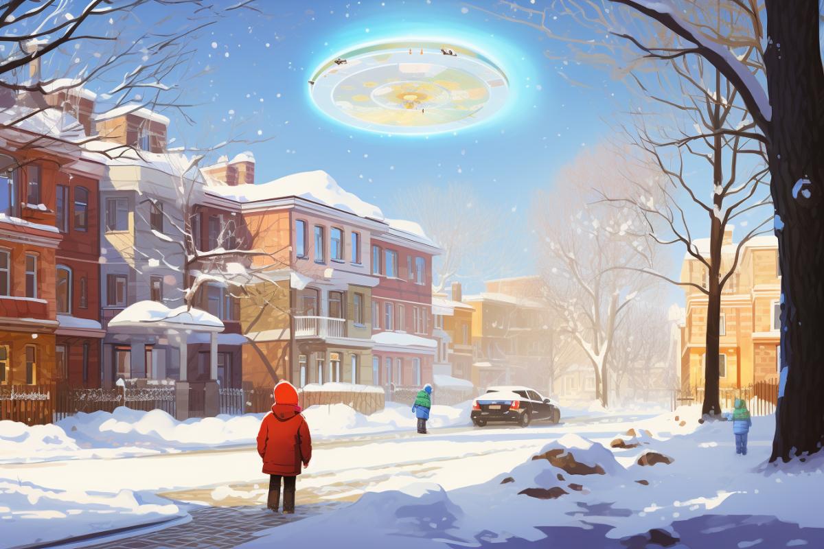 A UFO with multi-colored lights hangs low above the ground, then a bright straight column of light goes down to the ground, next to a little girl in winter clothes with a small shovel in her hands, in the courtyard of a residential building, winter, sunny day, white snow on the ground, on houses and trees by Atey Ghailan