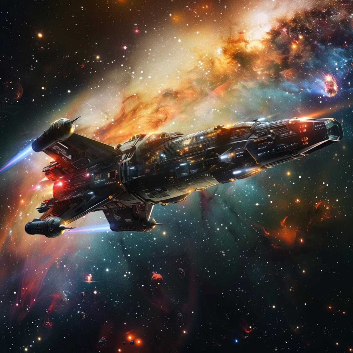 A spaceship in deep space, against the background of the colorful Milky Way
