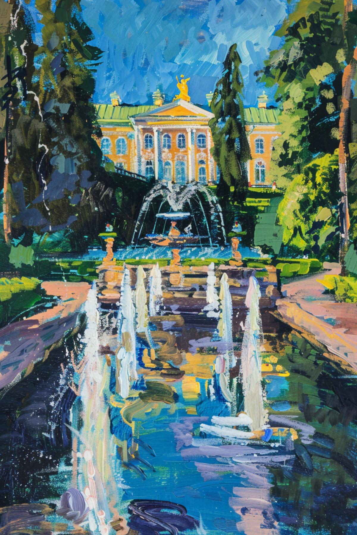 Henri Matisse style, Peterhof palace and park, view from the fountains