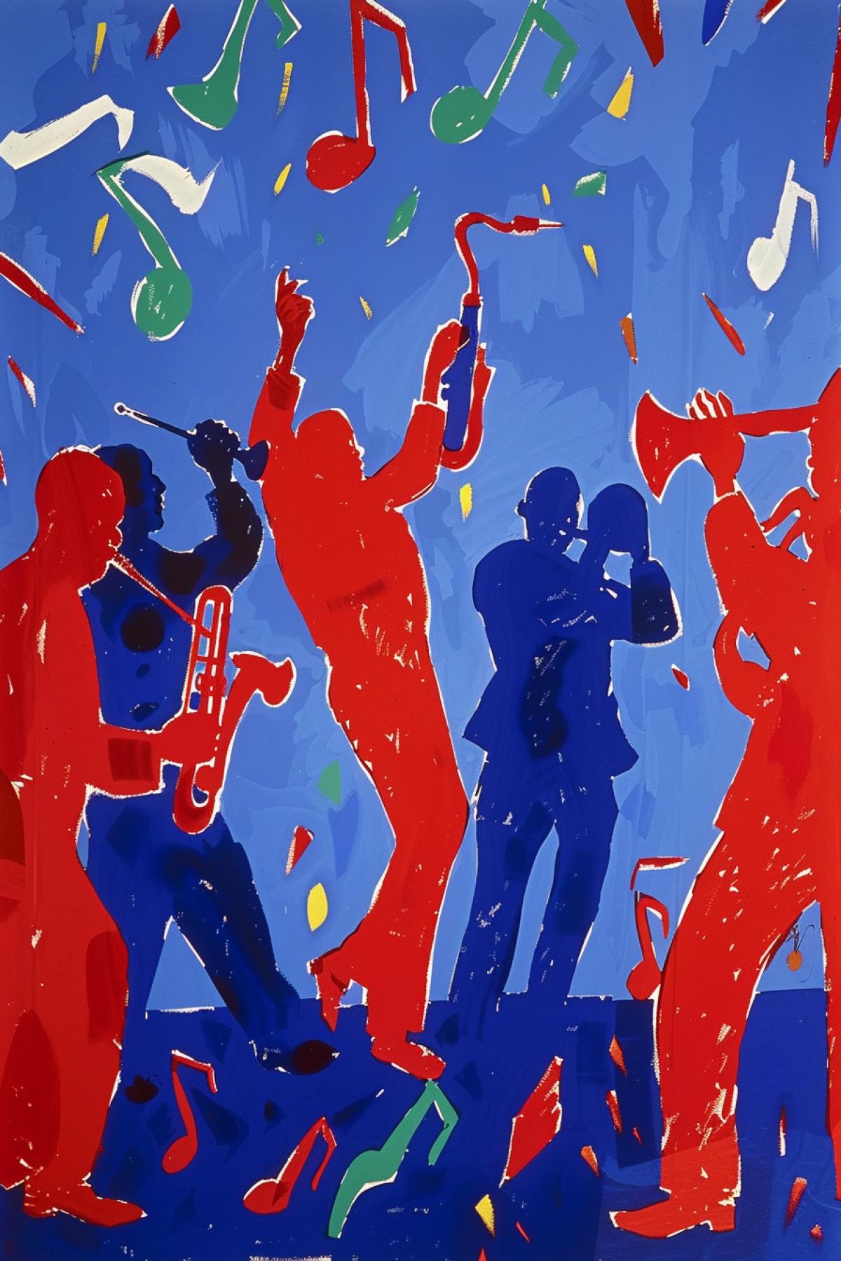 Jazz band Henri Matisse art blue background red bodies of musicians in style of Matisses dance