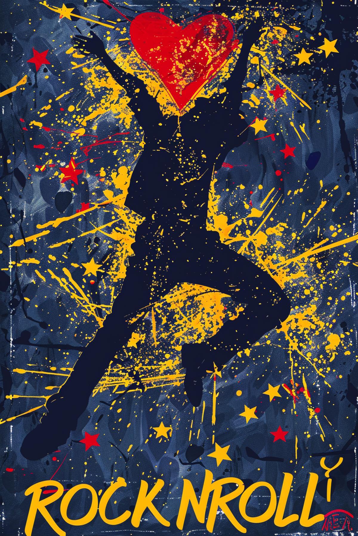 Silhouette of rock-n-roll dance schematic red heart on body on the background of schematic yellow stars dark-blue background tough inscription \"ROCKNROLL\" in style of Henri Matisses art oil canvas