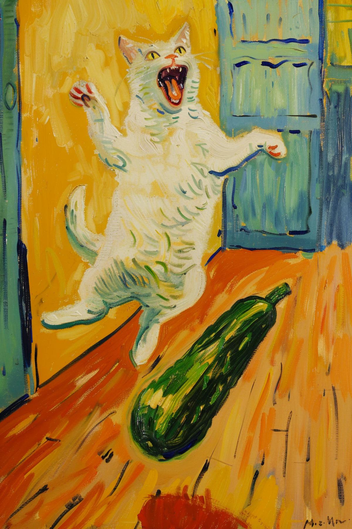 Frightened white cat jumping high having seen big green zucchini on wooden floor yellow background Henri Matisses art oil canvas