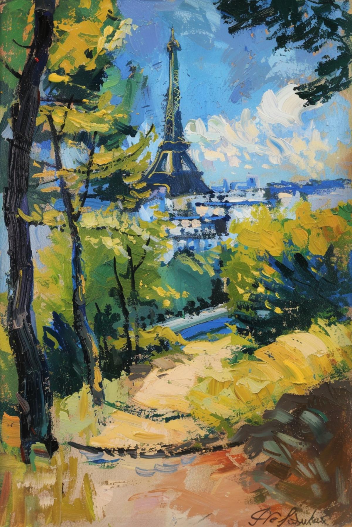 Landscape with the Eiffel Tower in the style of Henri Matisse