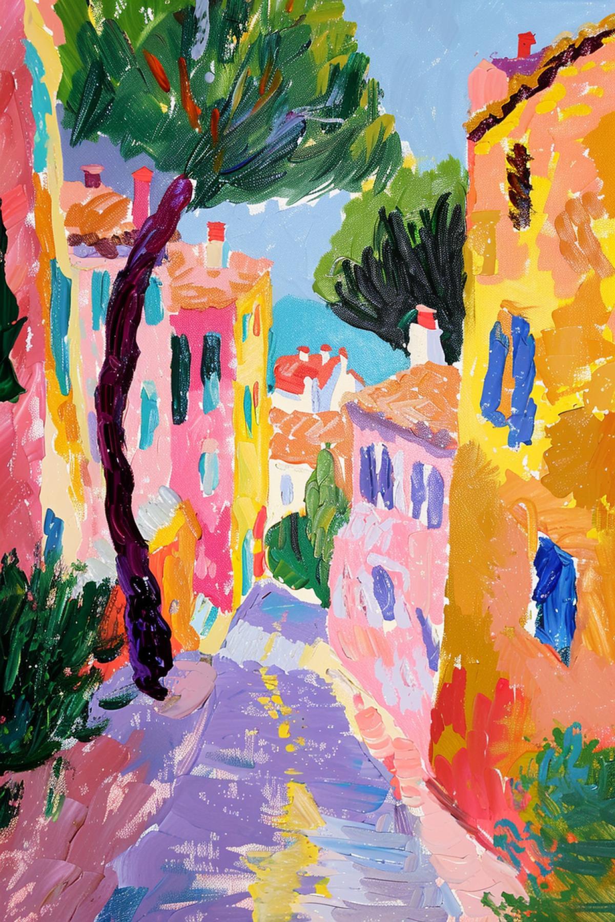 Painting A light-filled street of a small town, in the style of Henri Matisse