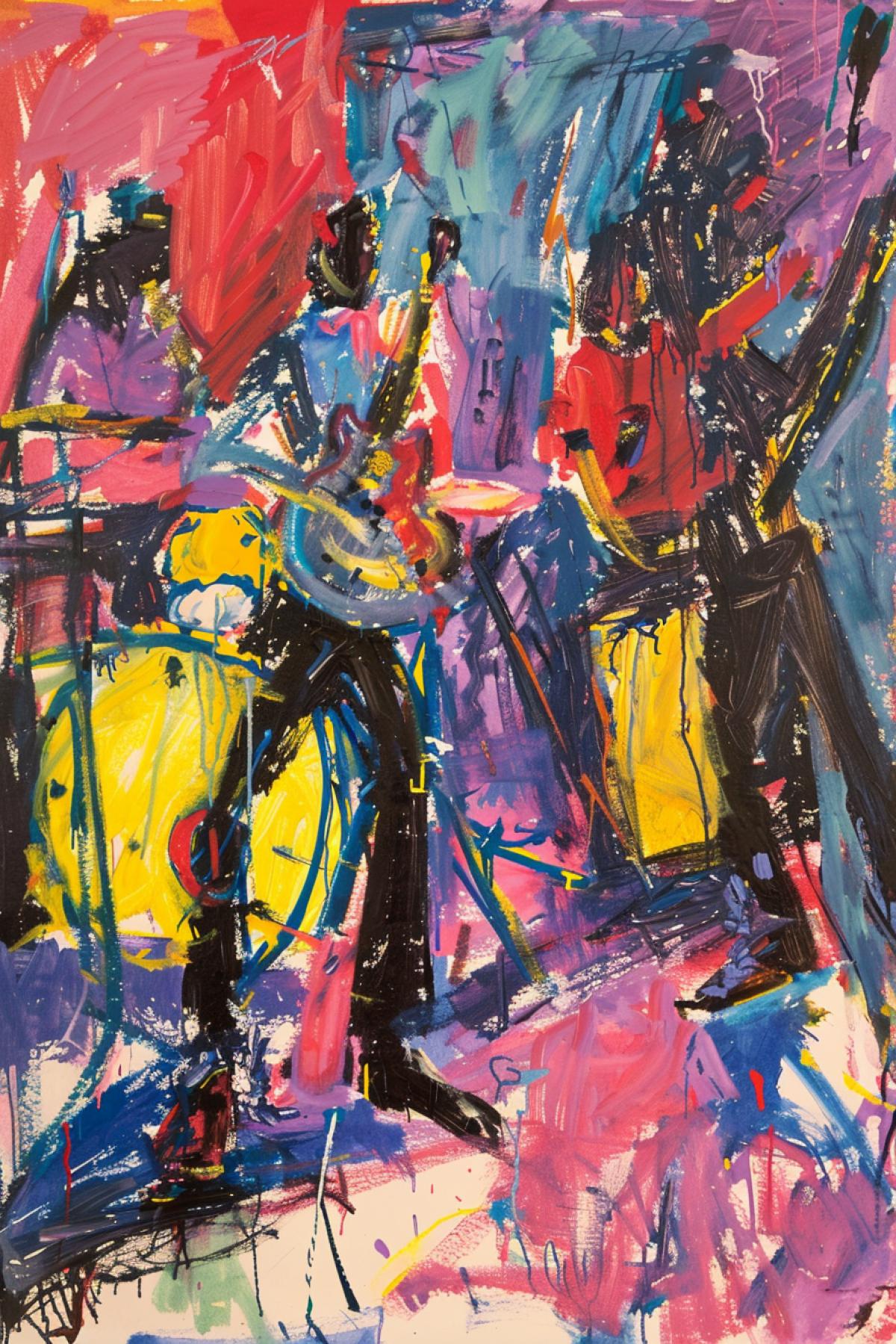 90s punk band plays on stage, in the style of Henri Matisse