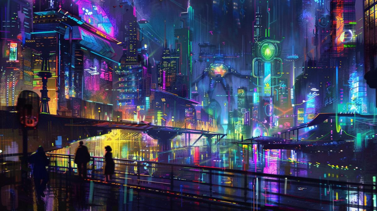 Huge beautiful utopian cyberpunk city at night, high quality, good detail, drawing in the style of Henri Matisse