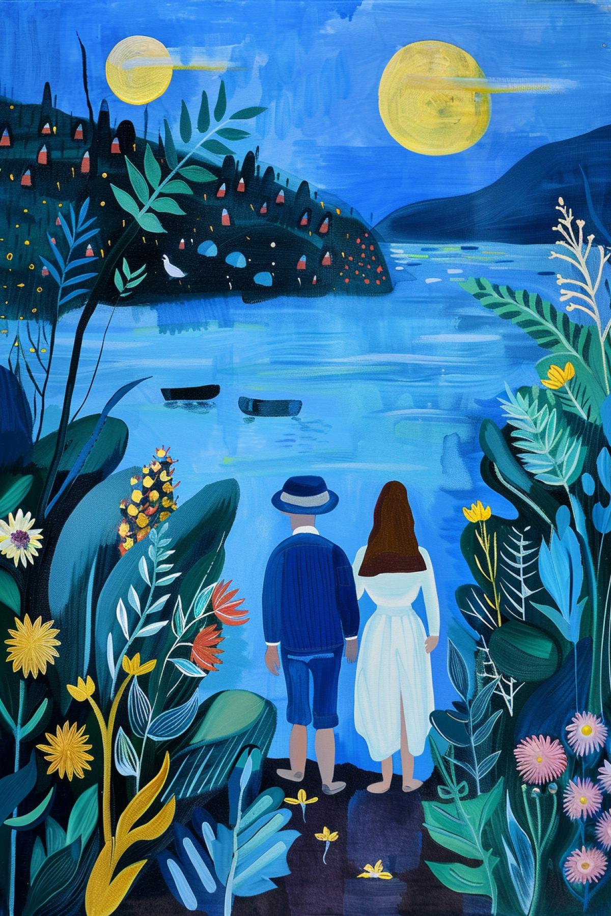 Henri Matisse style, a man and a woman walk along the river bank, dusk, moon, flowers