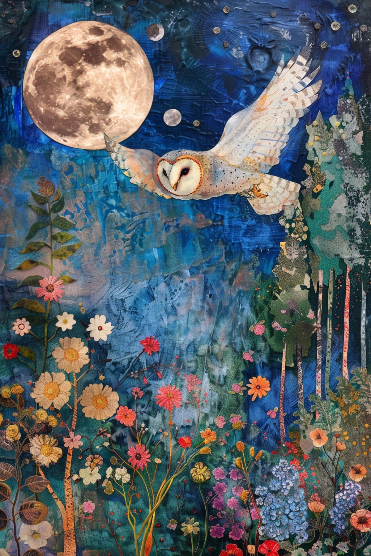 Henri Matisse style, owl flying over the forest, dusk, moon, flowers