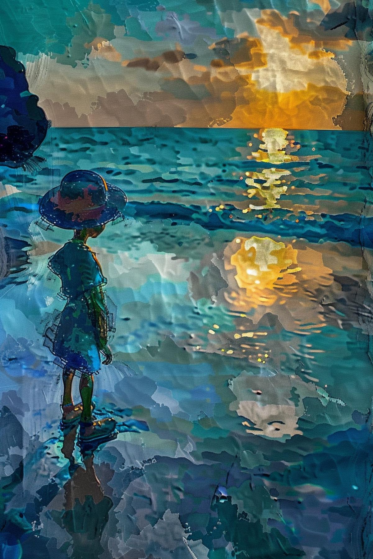 Lonely Pinocchio near the ocean shore, acid colors, In the style of Henri Matisse, 5D image