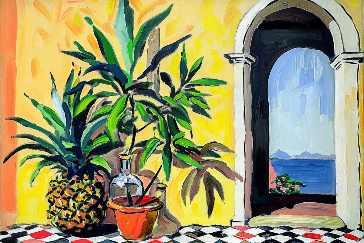 Oil painting, Henri Matisse style, Still life with game, pineapple and a bottle of vodka