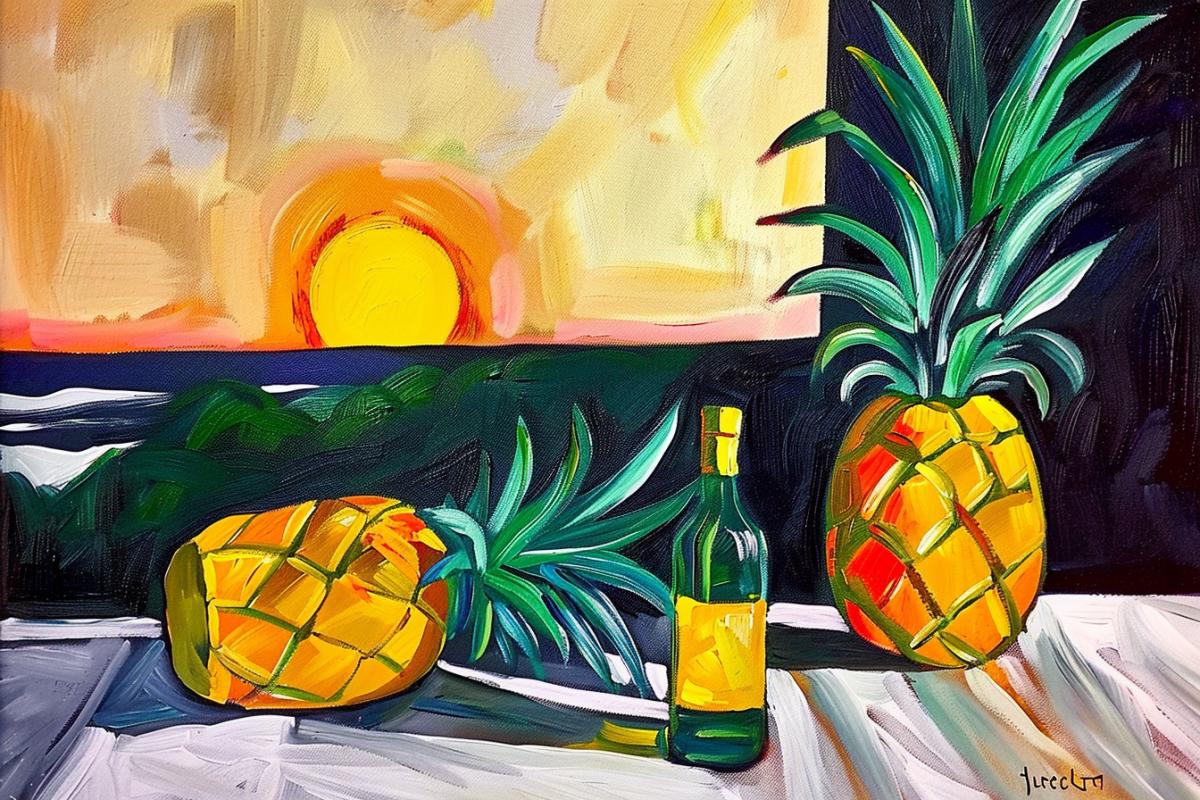 Oil painting, Henri Matisse style, Still life with game, pineapple and a bottle of vodka