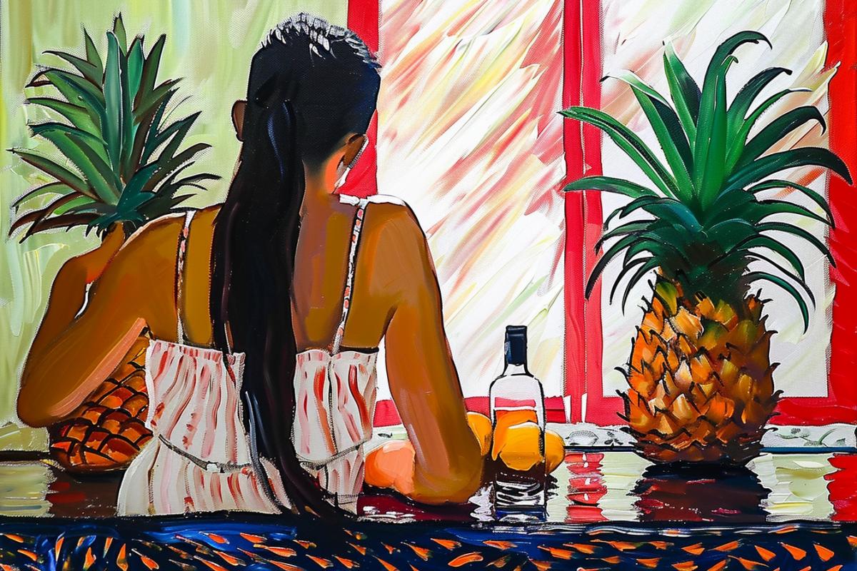 Oil painting, Henri Matisse style, Still life with game, pineapple and a bottle of vodka