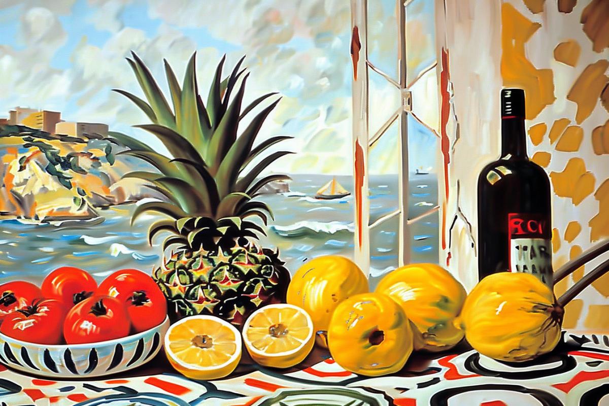 Oil painting, Henri Matisse style, Still life with game, pineapple and a bottle of vodka