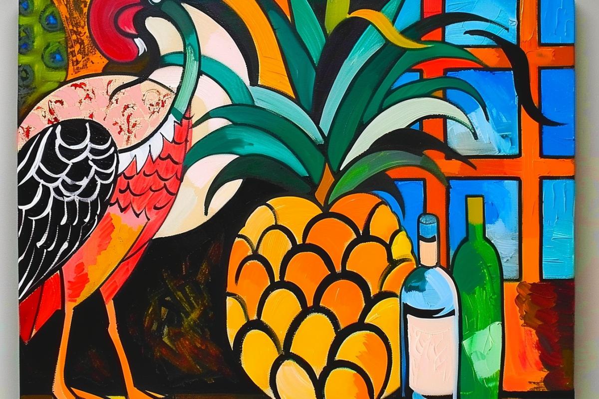 Oil painting, Henri Matisse style, Still life with game, pineapple and a bottle of vodka