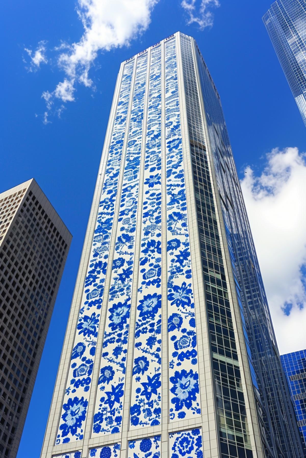 A huge skyscraper is entirely decorated with Gzhel ornaments
