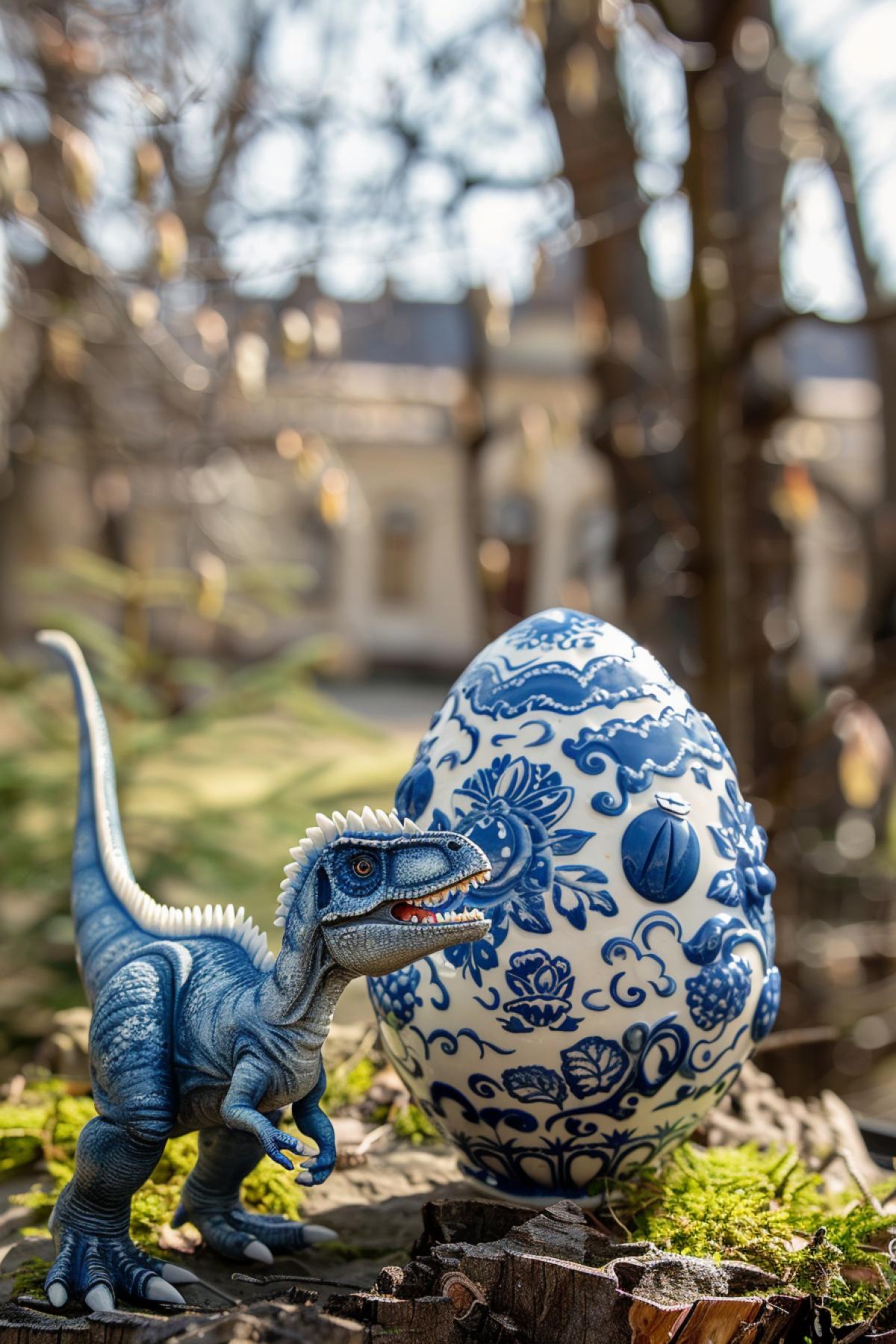 Photo, Gzhel ornament, dinosaurs look at a giant egg with a Gzhel pattern