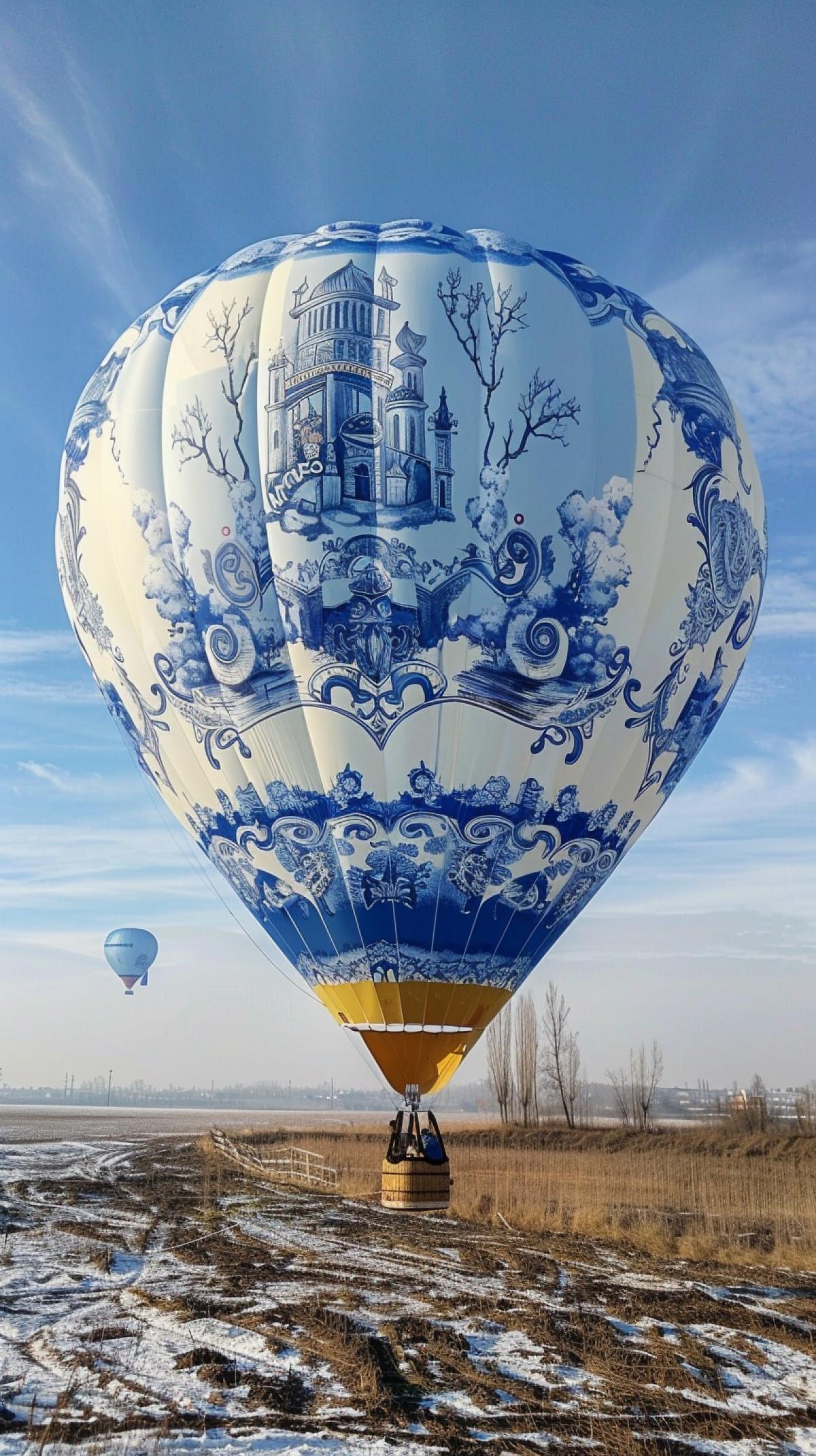 Drawing of Gzhel on a large hot air balloon