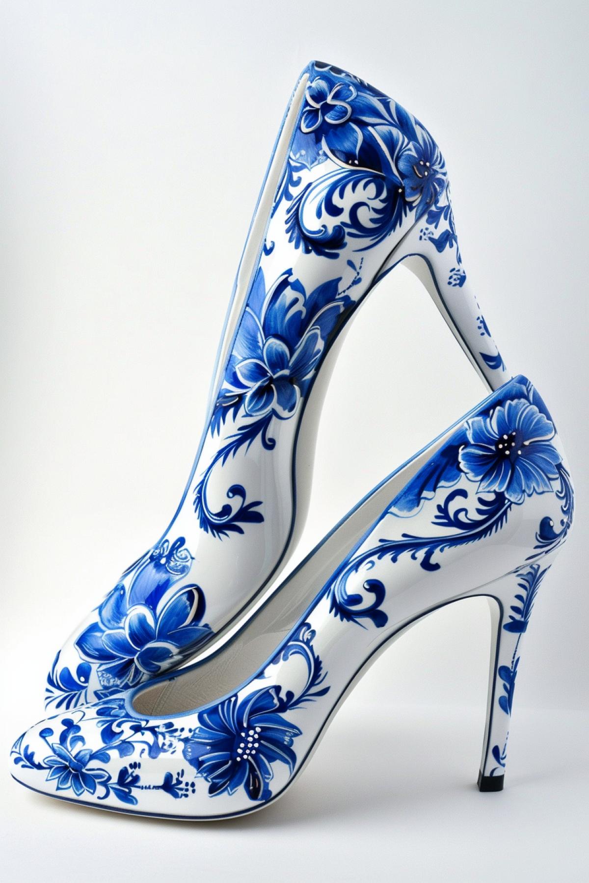 fashion fashion, photo, studio lighting, womens high-heeled shoes, blue pattern in Gzhel style on a white background, hyper-detailed