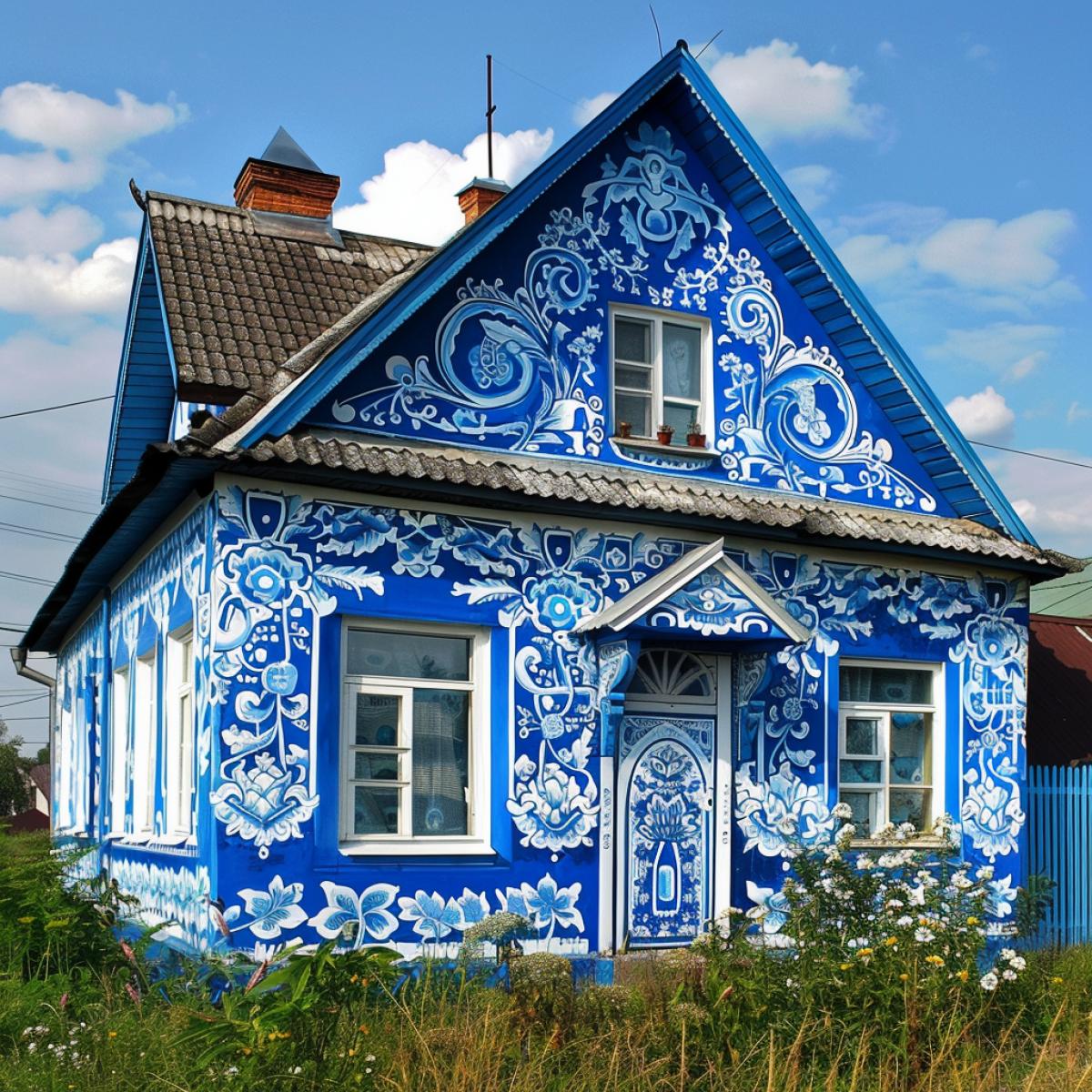 Russian village, all houses are painted in Gzhel style