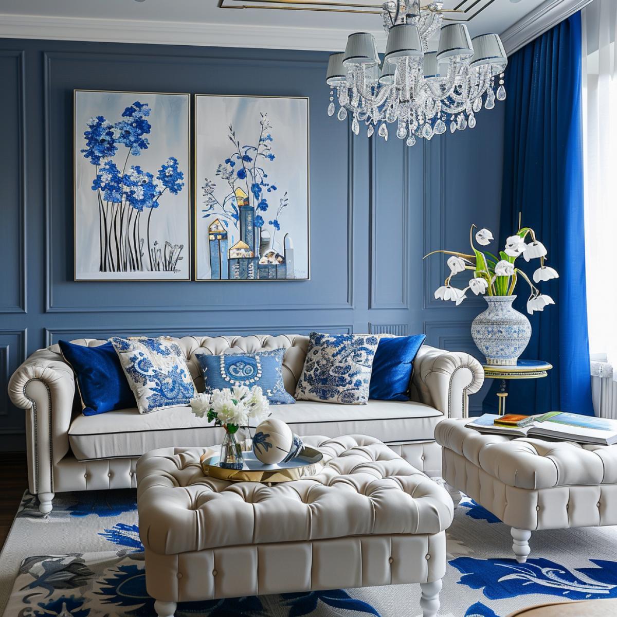 Modern living room interior in Gzhel style