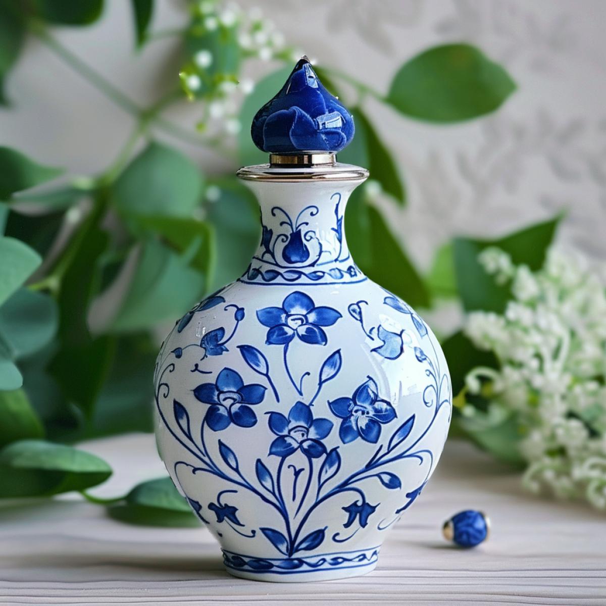 White and blue Perfume bottle in Gzhel style, water drops, green leaves, Gzhel bottle painting, white and blue painting